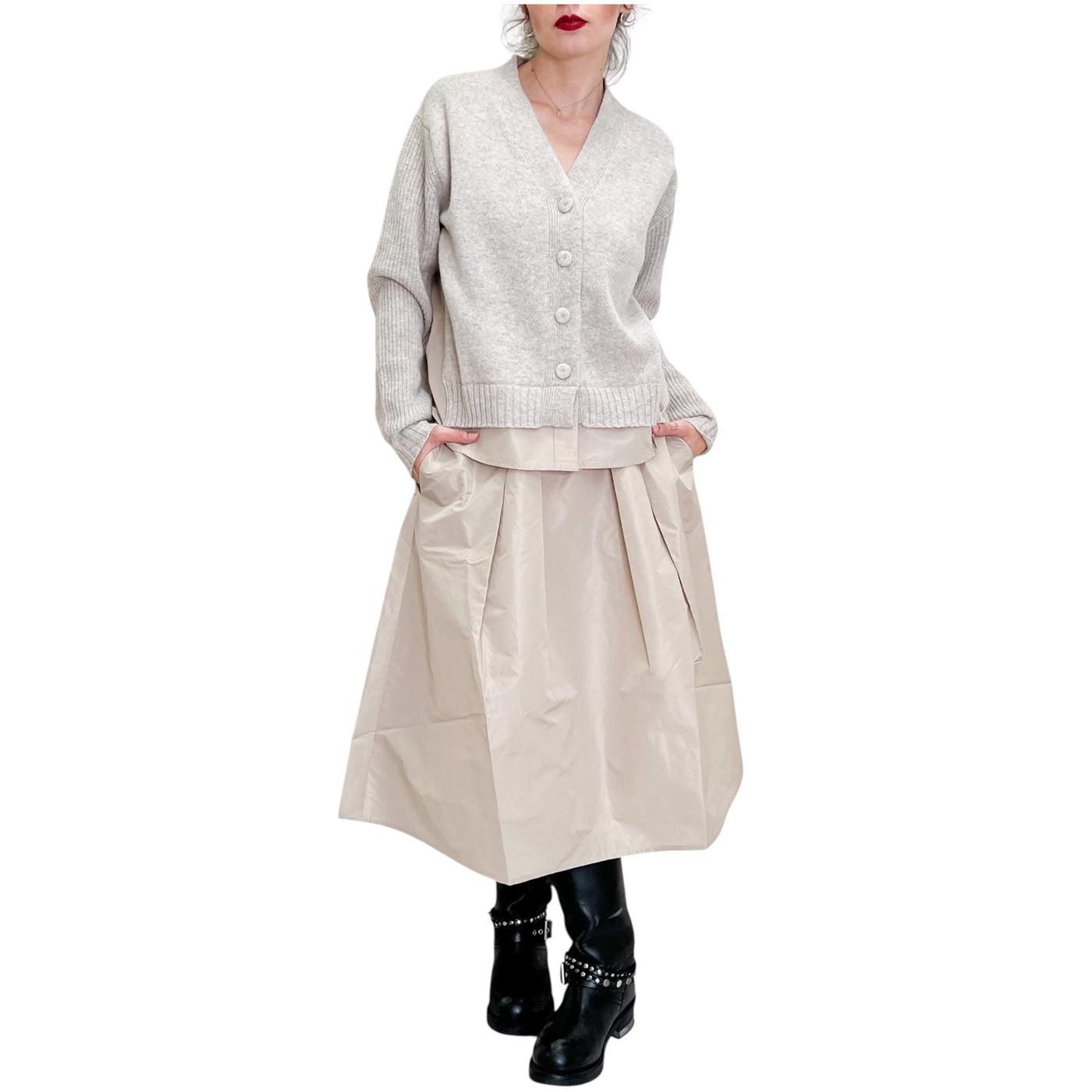 Floor - Cardigan con Inserto in Taffetas Sesamo