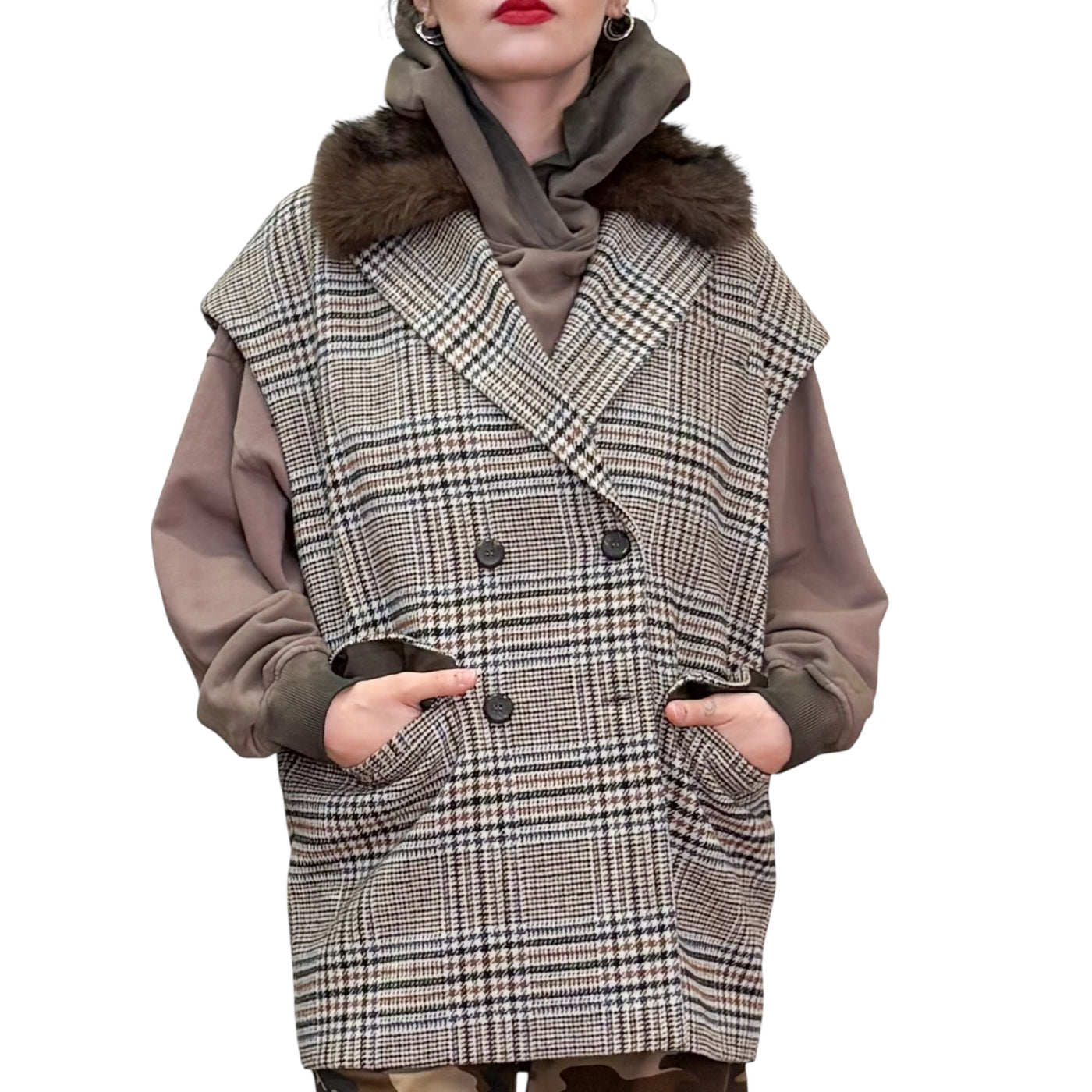 Souvenir - Gilet Doppiopetto Check con Collo Ecopelliccia