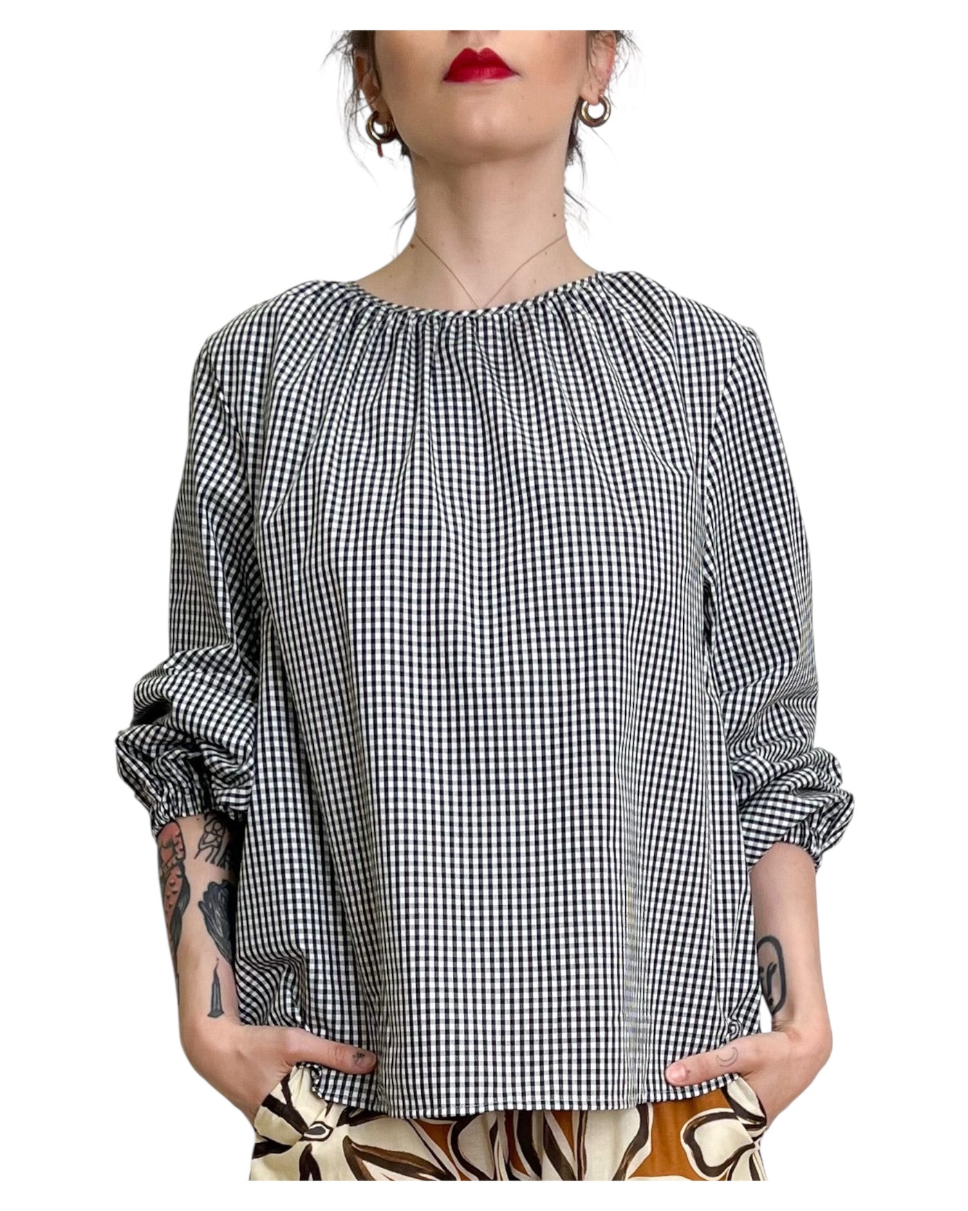 Blusa Vichy con maniche a sbuffo