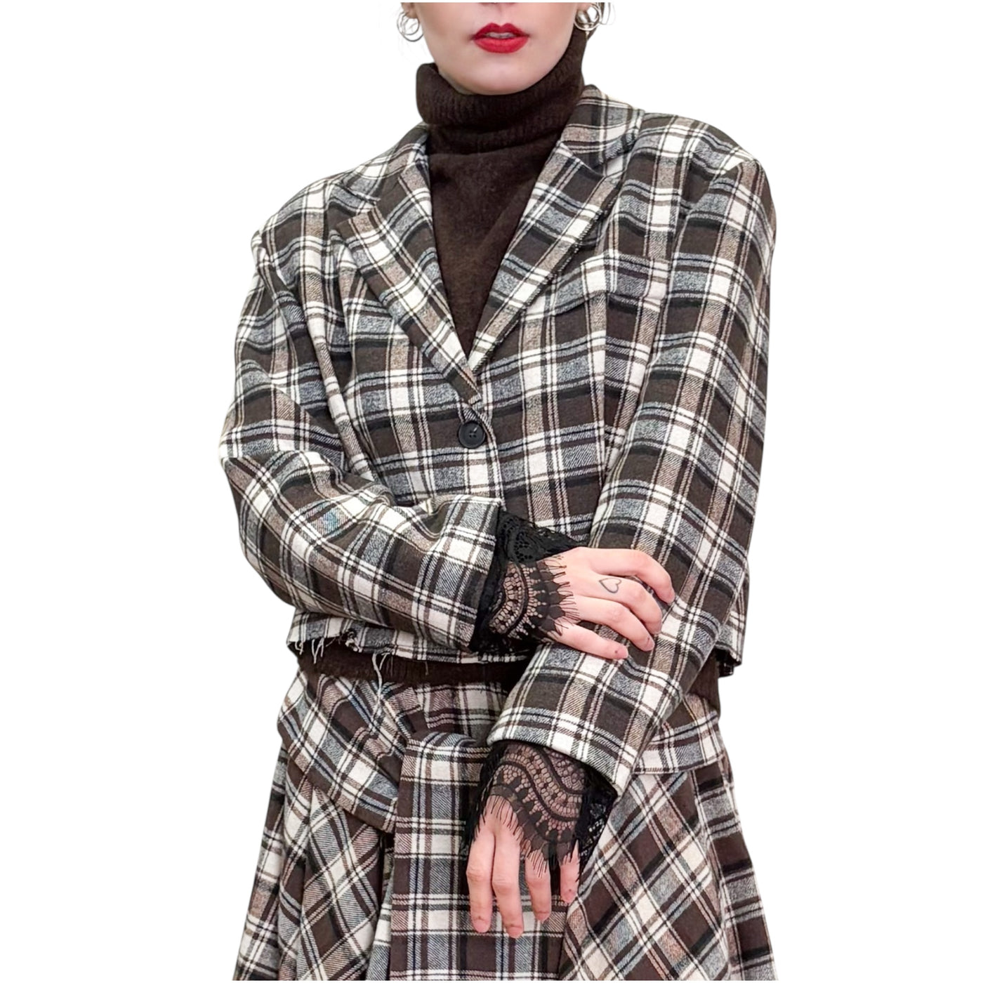 Souvenir - Giacca Corta Check con Polsino in Pizzo