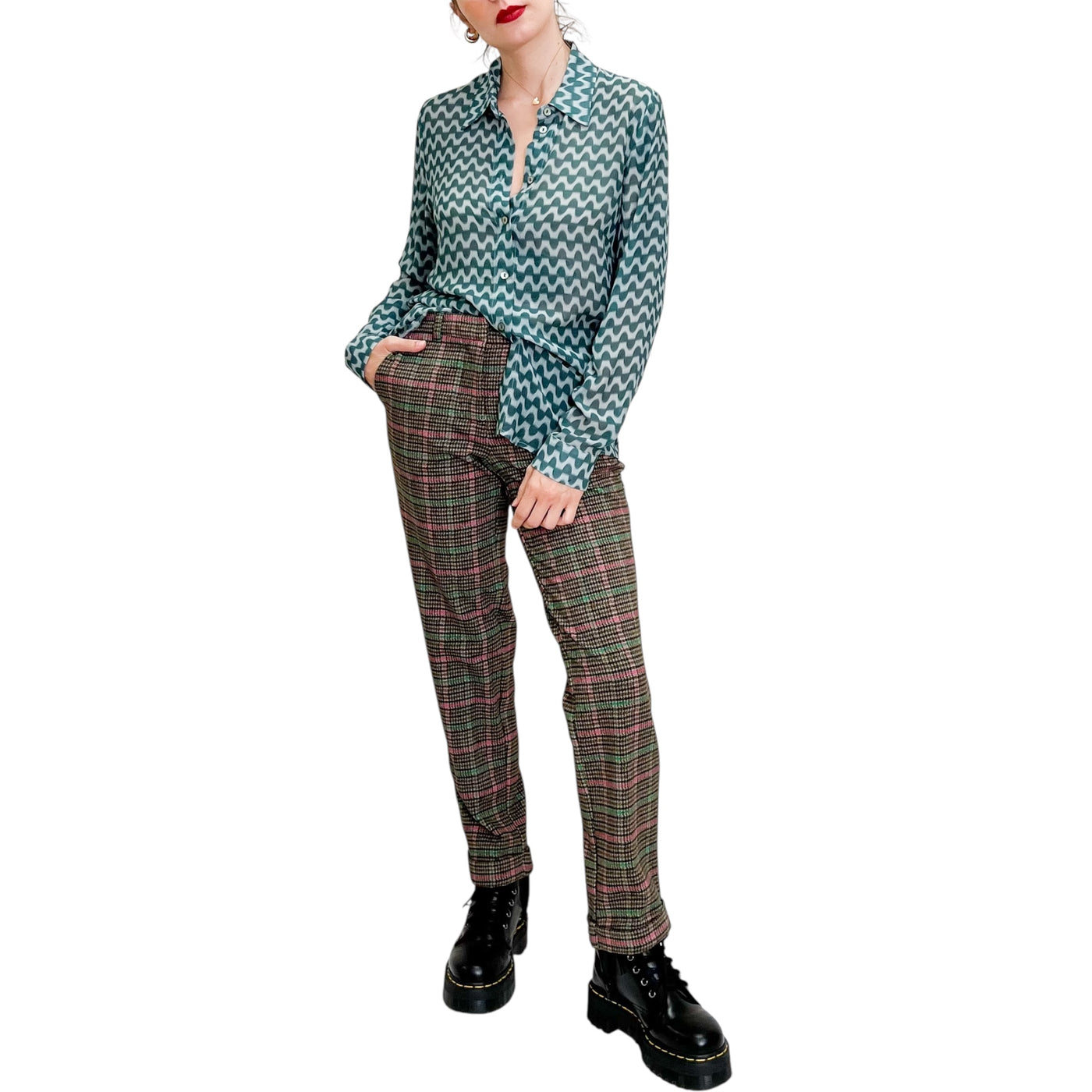 Good Match - Camicia Regular Onde Verdi e bianche