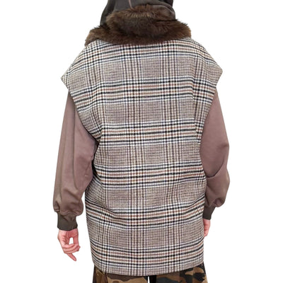 Souvenir - Gilet Doppiopetto Check con Collo Ecopelliccia