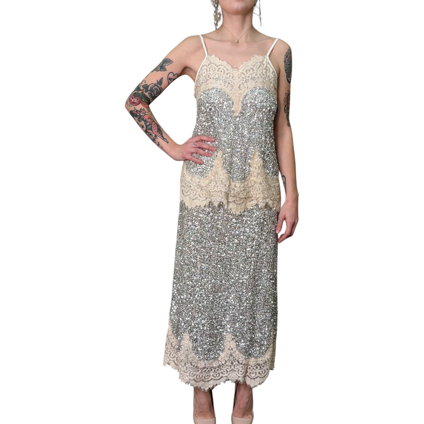 Souvenir - Gonna Lounguette in Pizzo e Paillettes Argento