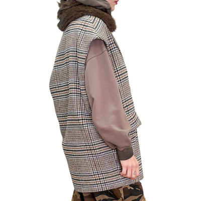 Souvenir - Gilet Doppiopetto Check con Collo Ecopelliccia