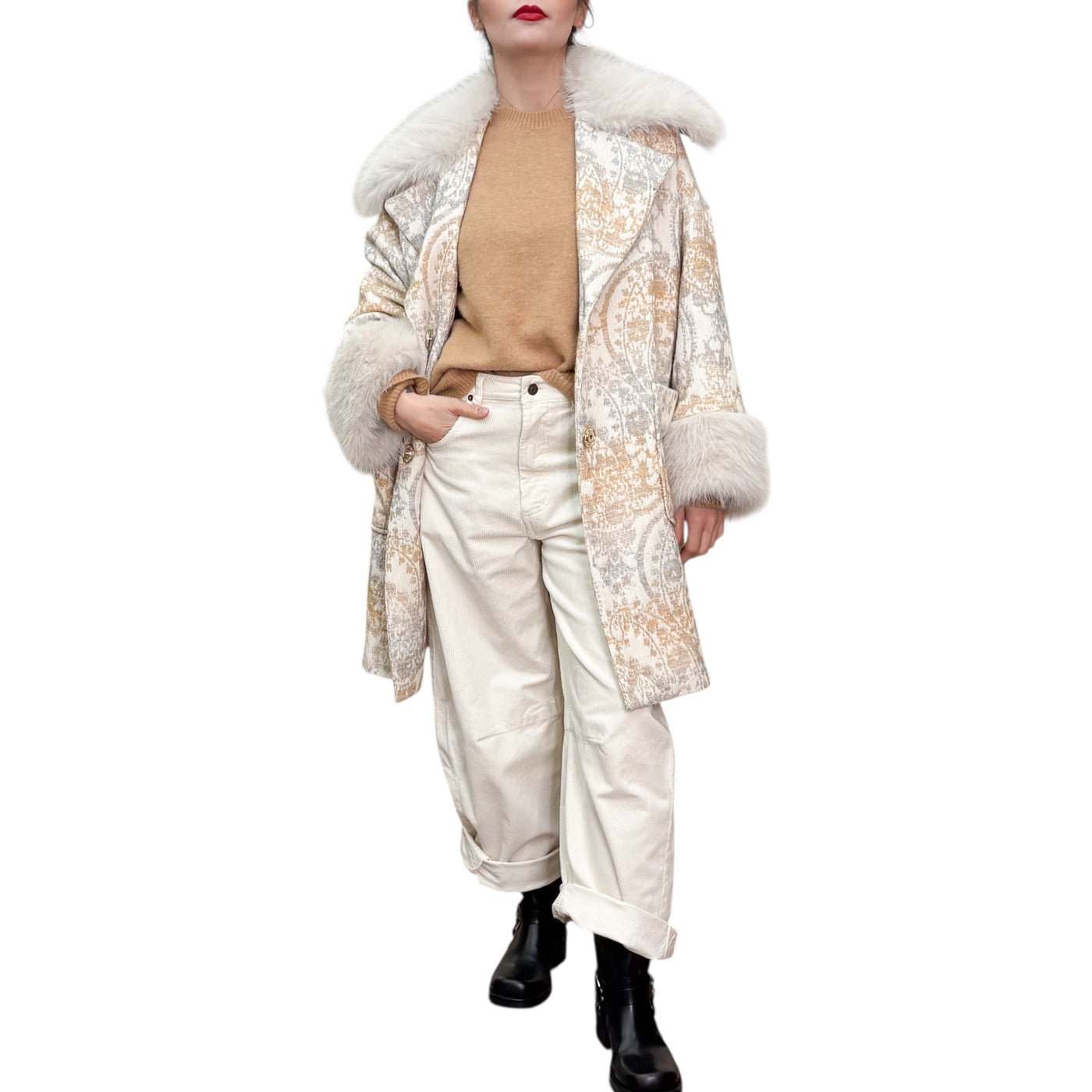 BYE - Cappotto Damascato Collo Pelliccia