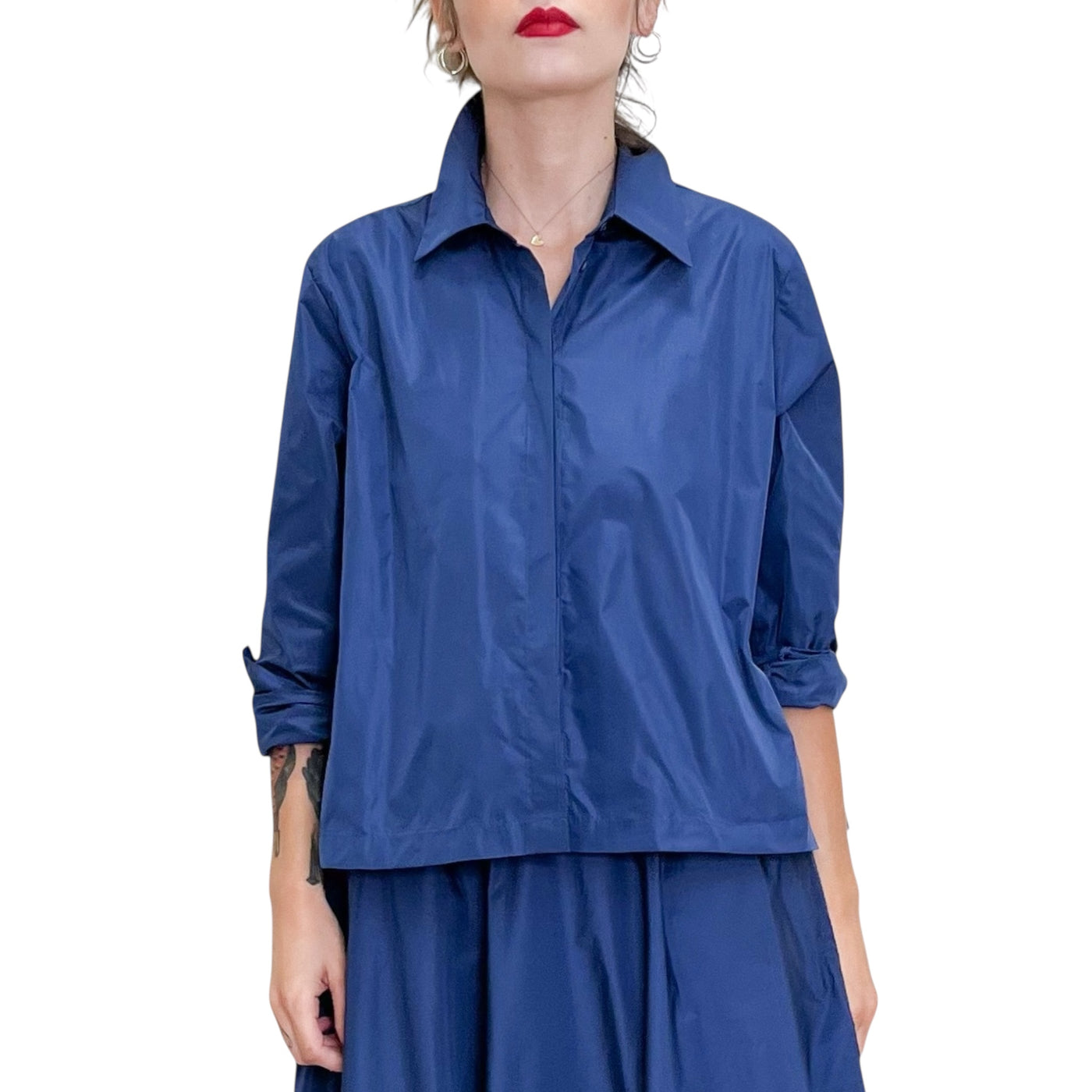 Niu - Camicia con Pieghe in Taffetas Indaco