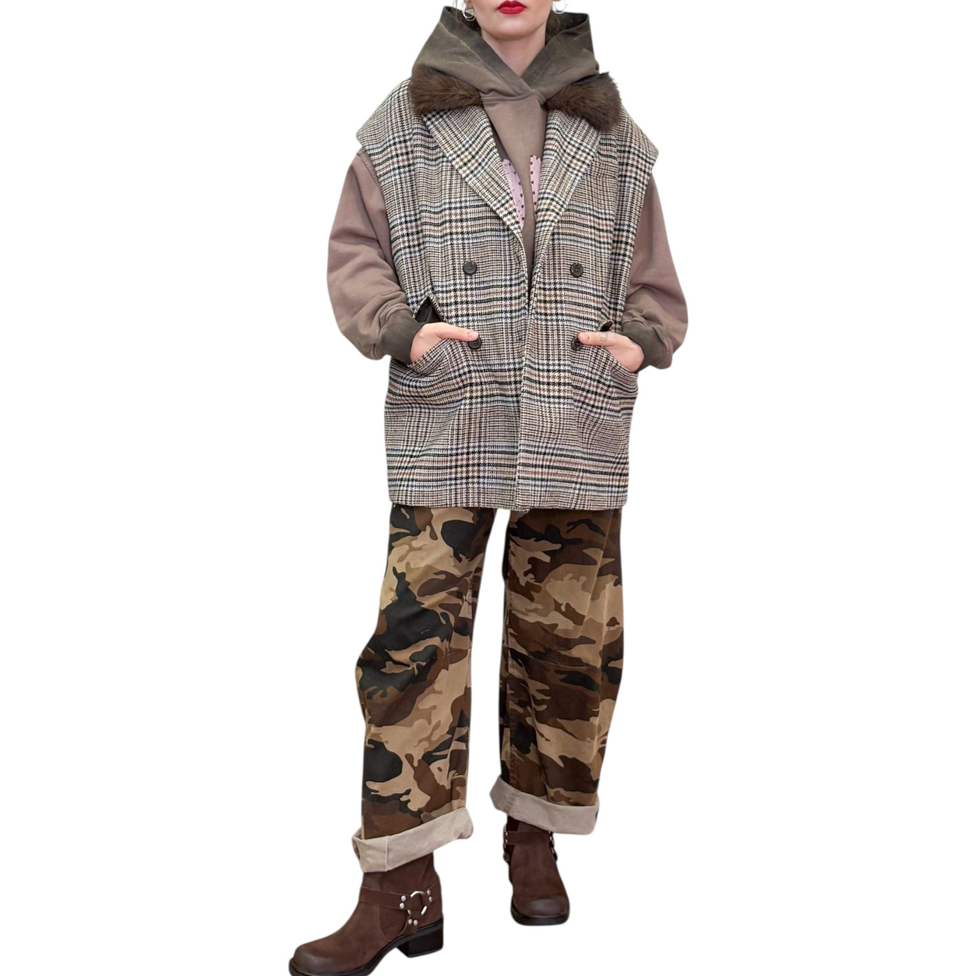 Souvenir - Gilet Doppiopetto Check con Collo Ecopelliccia