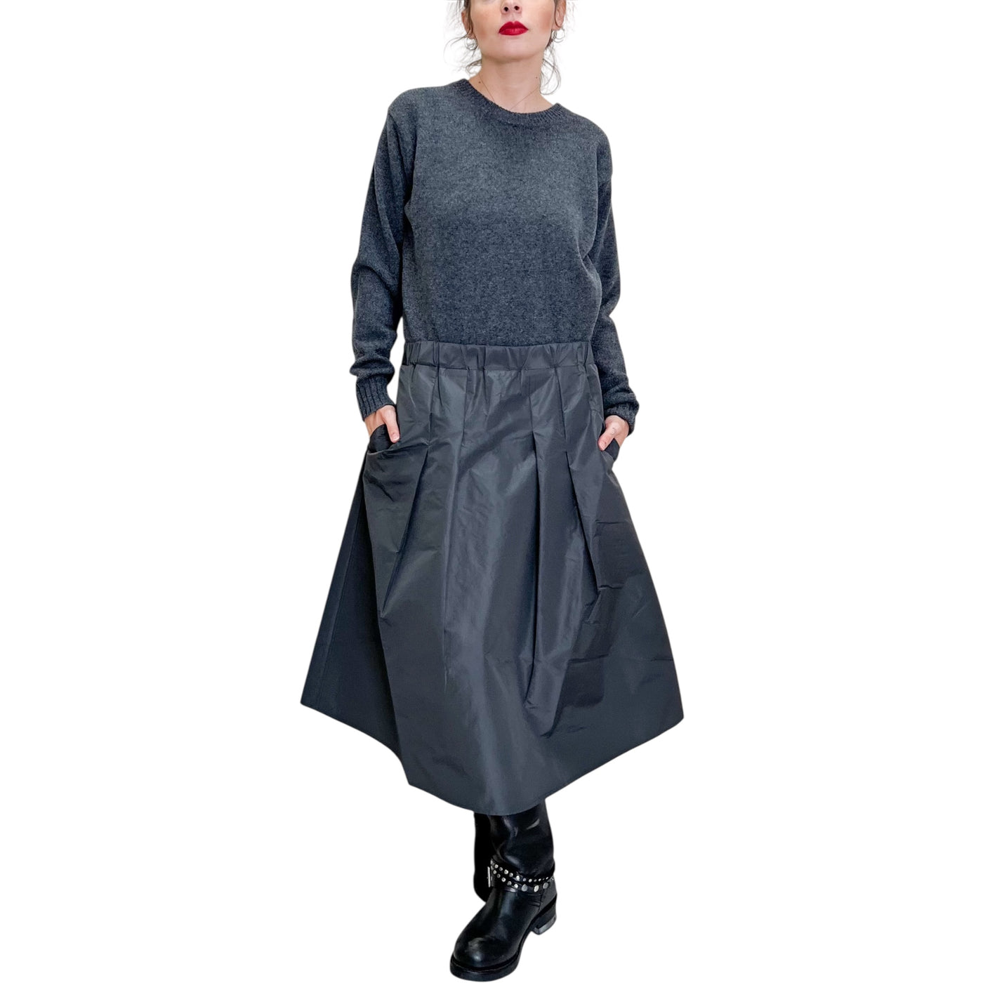 Floor - Gonna in Taffetas a Pieghe Grigio Acciaio
