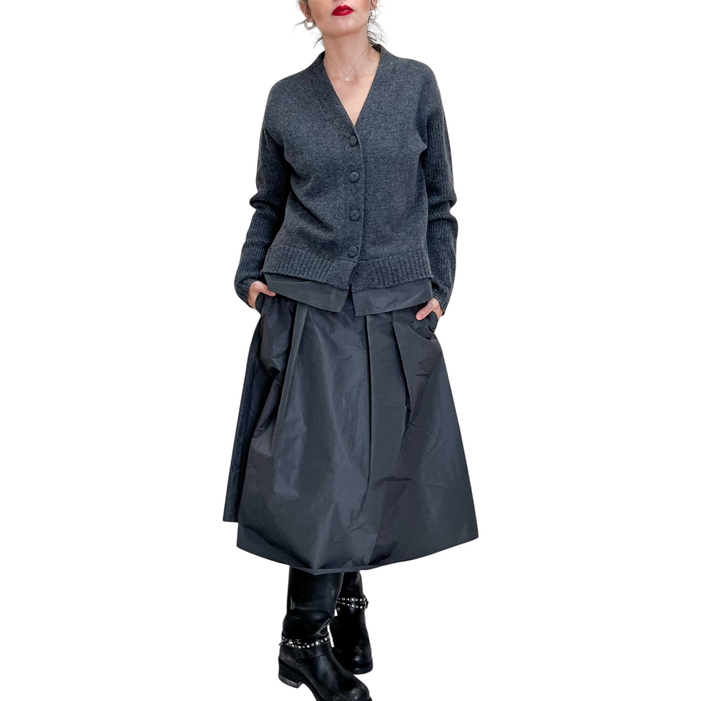Floor - Cardigan con Inserto in Taffetas Grigio Acciaio