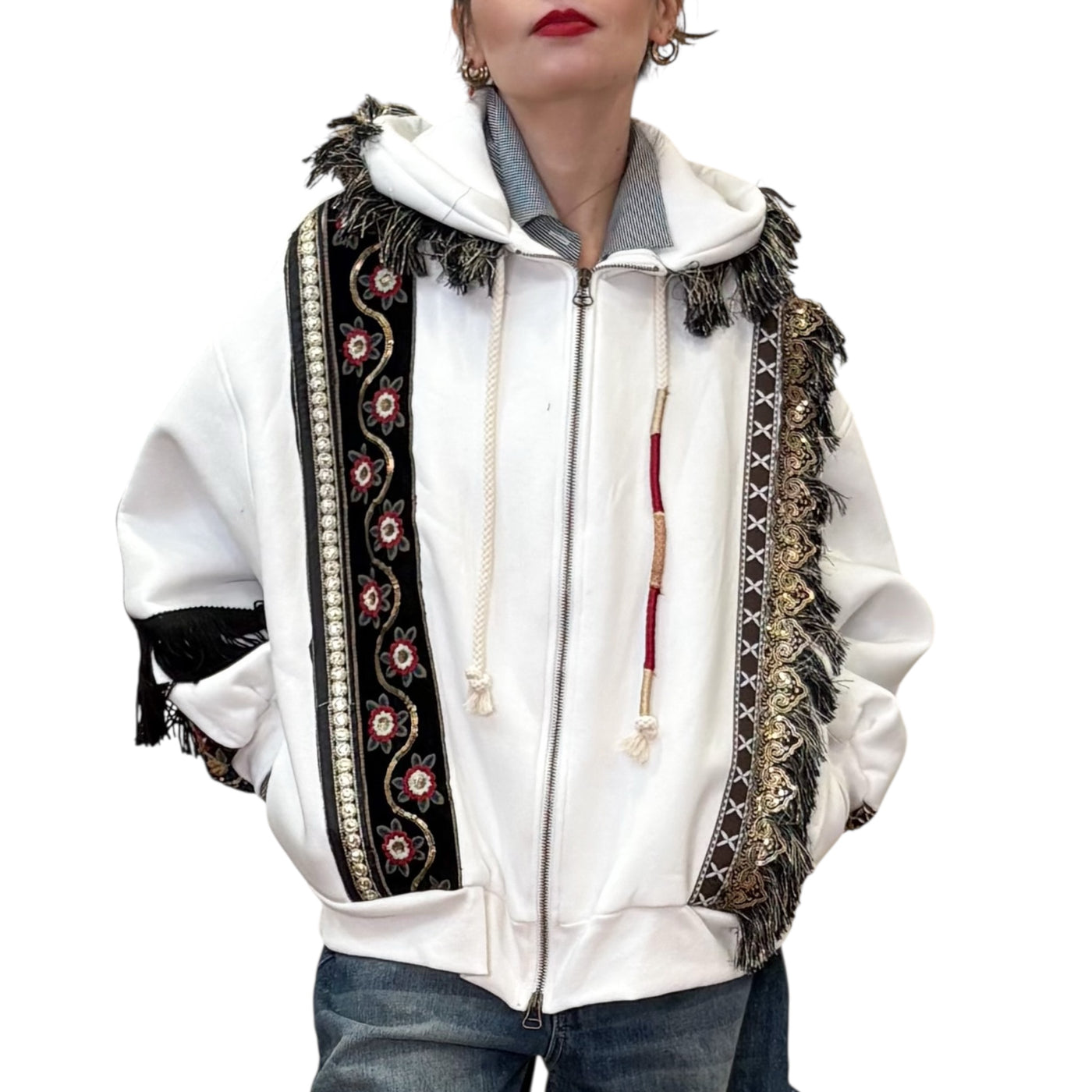 Front Street - Bomber in Felpa con Ricami Bianco