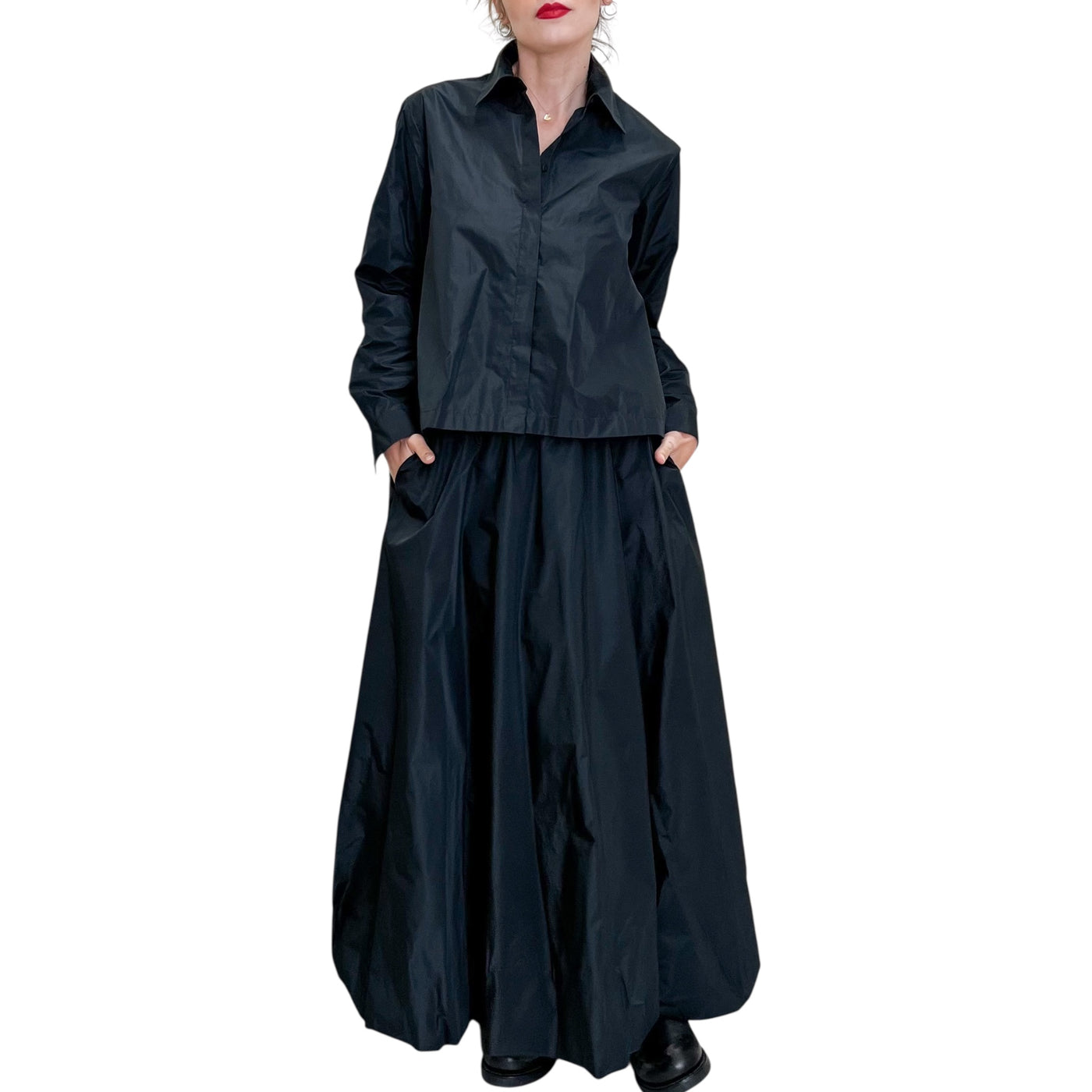 Niu - Camicia in Taffetas con Pieghe Nera