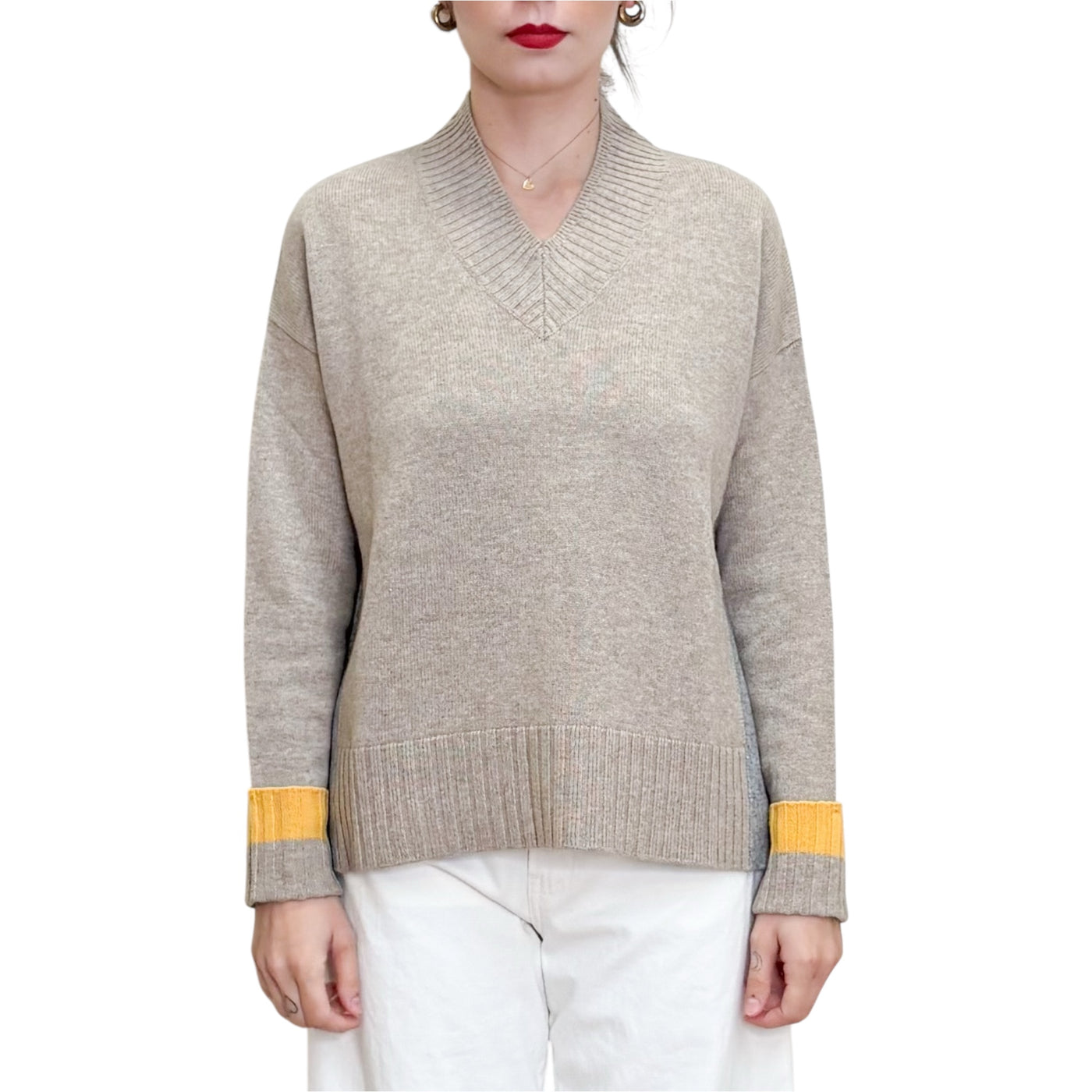Quilisia - Maglia A V con Spacchi Beige e Grigia