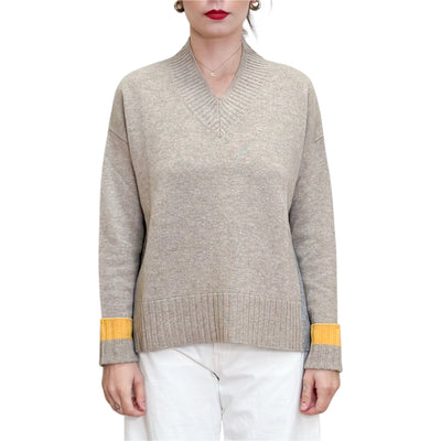 Quilisia - Maglia A V con Spacchi Beige e Grigia