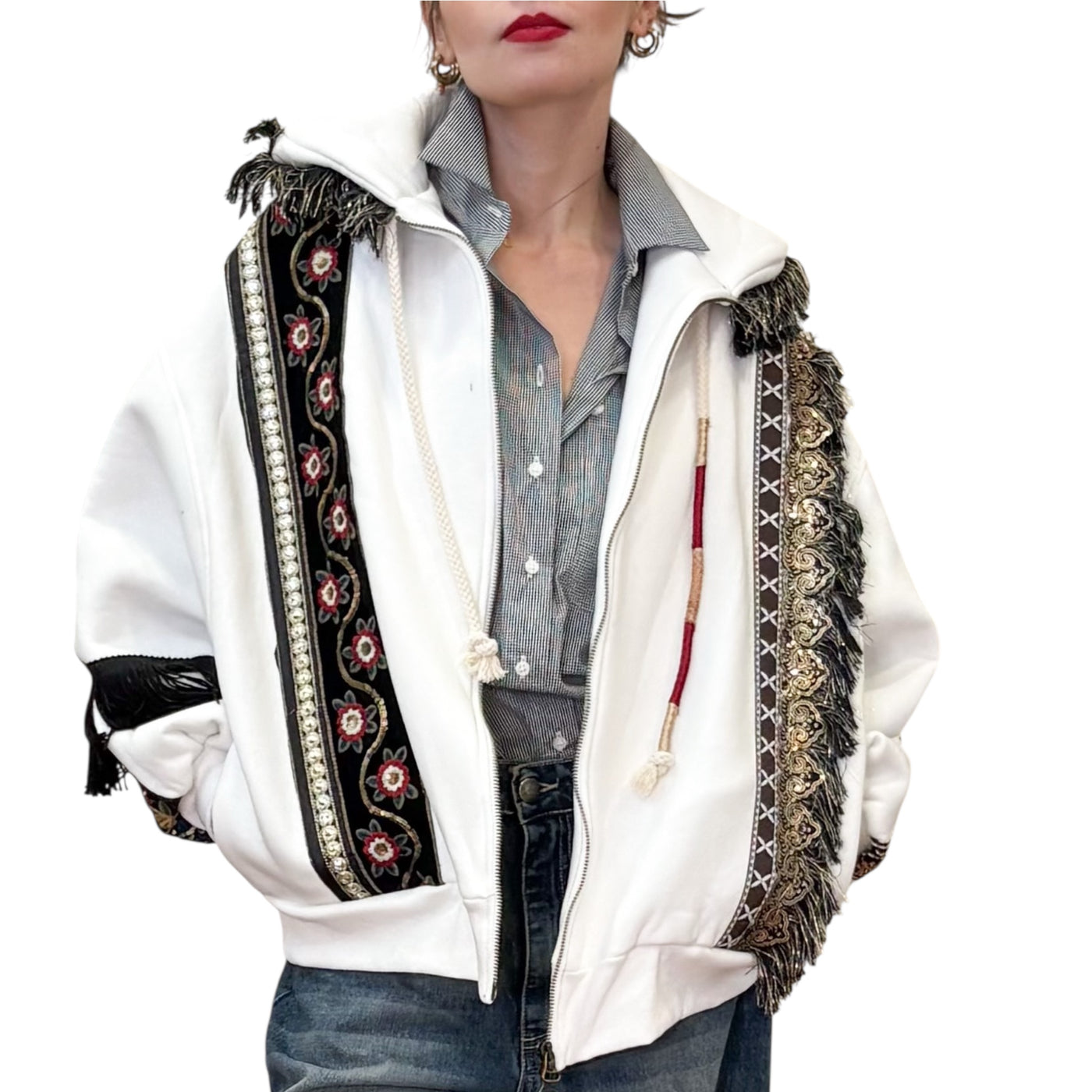 Front Street - Bomber in Felpa con Ricami Bianco