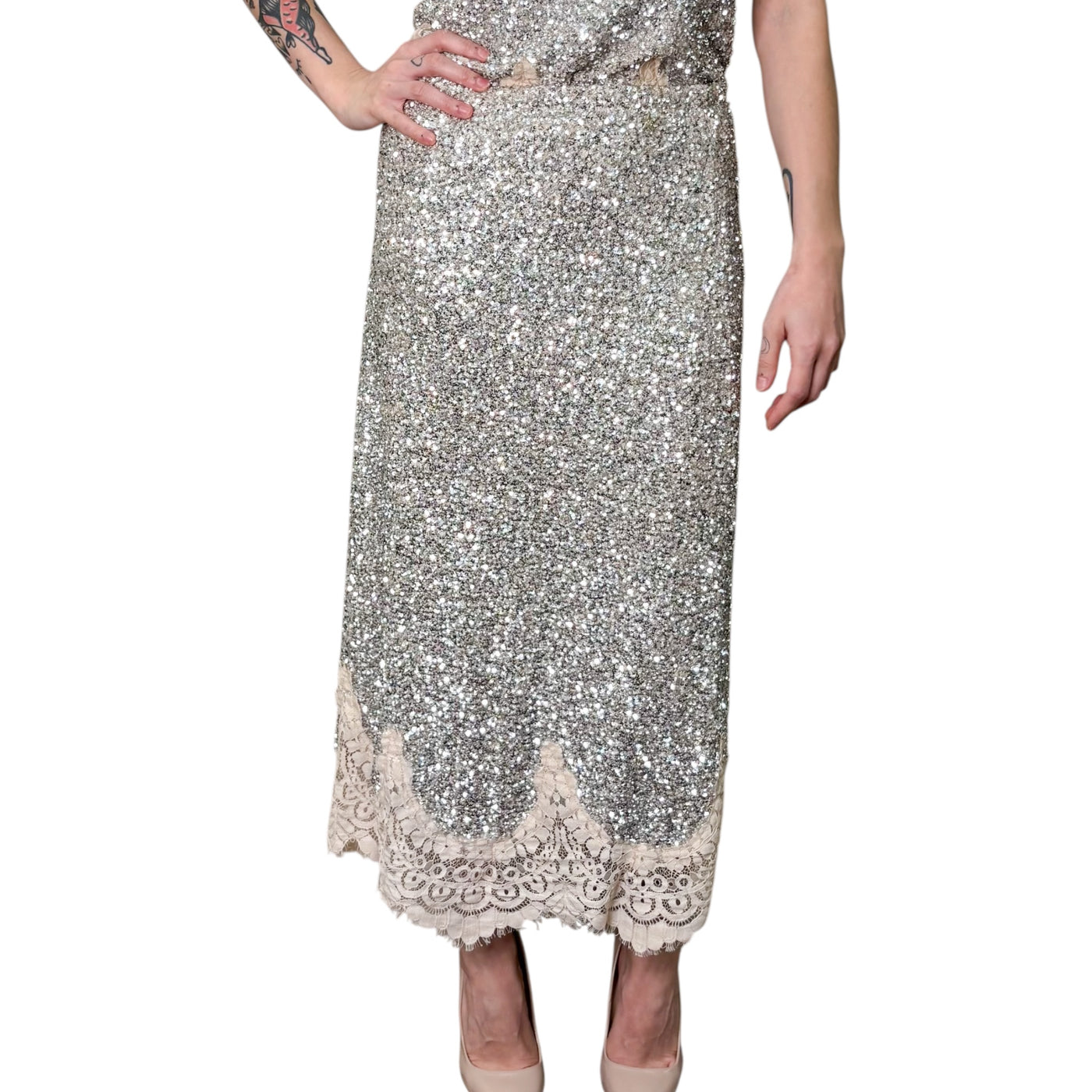 Souvenir - Gonna Lounguette in Pizzo e Paillettes Argento