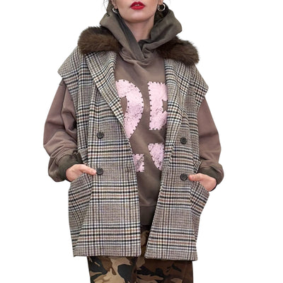 Souvenir - Gilet Doppiopetto Check con Collo Ecopelliccia